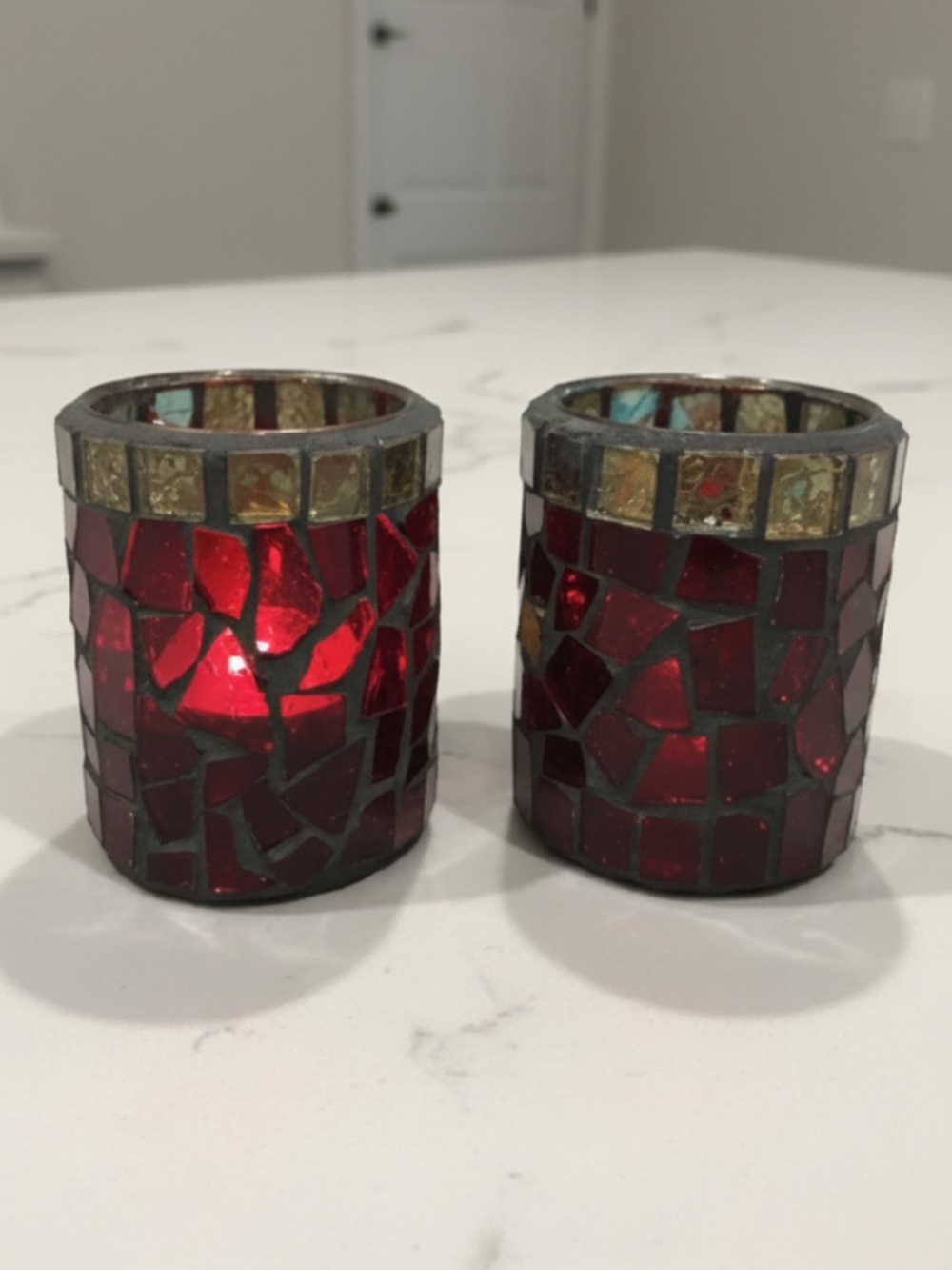 Set/2 Vintage Red Mosaic Votive Holders